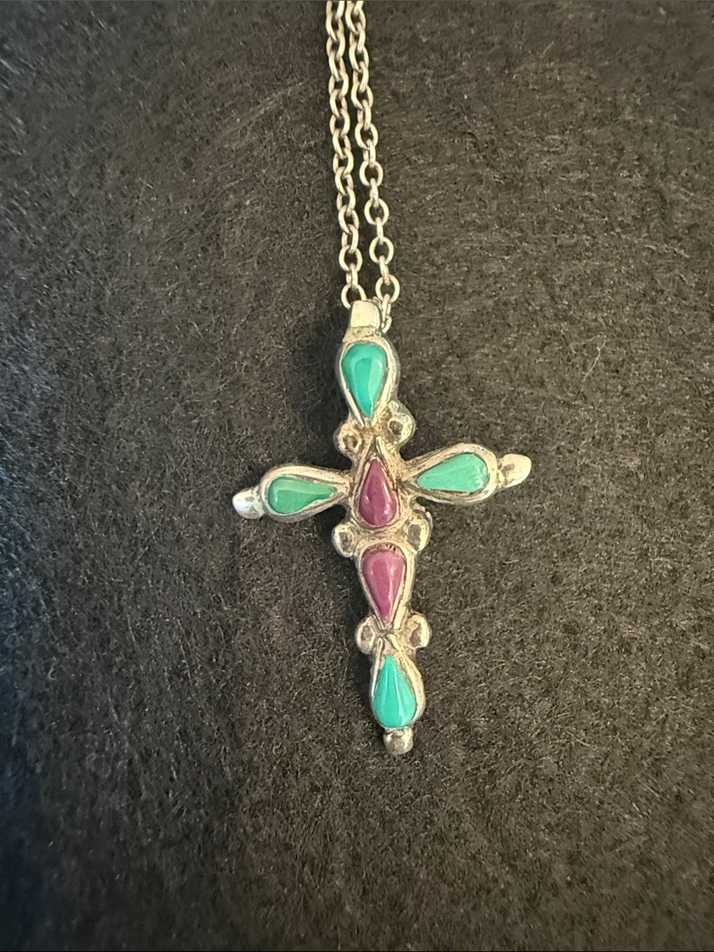 925 Sterling Silver Turquoise & Purple Turquoise Inlay Cross Pendant Necklace